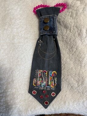 Denim Tie Necklace with 'JESUS Paid It All' Graphic